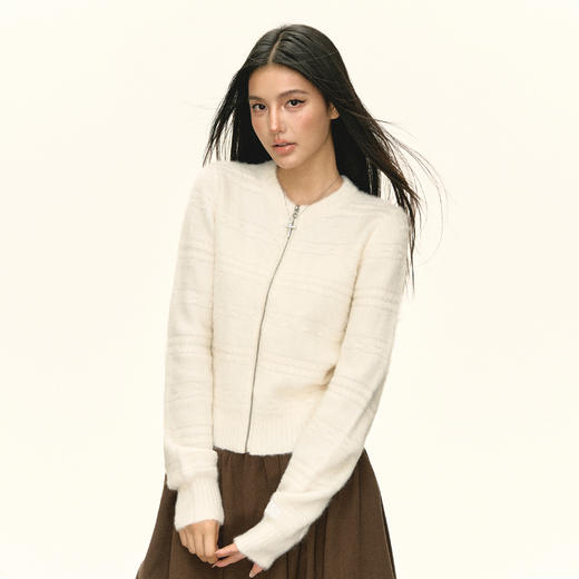 Ariseism 美式复古设计感圆领拉链开衫毛衣女秋冬新款修身上衣 商品图0
