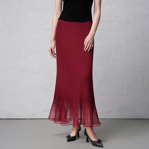 【林栖设计小店】（现货）红色锦鲤荷叶边网纱褶皱毛织上衣喇叭袖优雅修身显瘦2026早春新款毛衣1961120+半裙1961121 商品图8