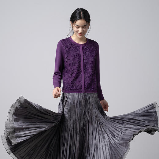 【林栖设计小店】（预售12月28日发货）立体绣花紫毛织外套镂空复古优雅2026早春新款长袖上衣女T1961308+半裙T1961309 商品图0