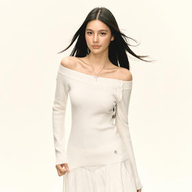 Ariseism美式复古设计感白色一字肩针织衫毛衣女秋冬新款修身上衣