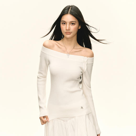 Ariseism美式复古设计感白色一字肩针织衫毛衣女秋冬新款修身上衣 商品图0