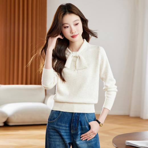法式蝴蝶结钉珠长袖打底针织衫，厚款毛衣设计感小众内搭上衣CC-QL-8963 商品图1