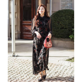 【林栖设计小店】（现货）植绒提花改良旗袍拼桑蚕丝飞片国风轻中式2026早春新款连衣裙1961125