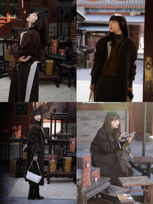 HIDEMI 进口美利奴羊毛撞色双面呢大衣圆领浴袍腰带长款外套 咖啡色撞燕麦米 商品图1