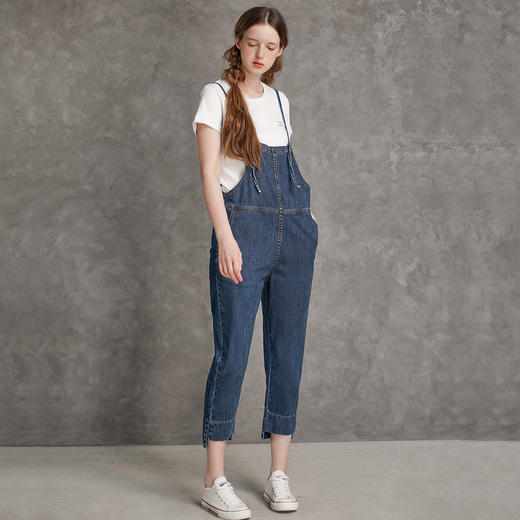 Famecoco范可儿高腰牛仔背带裤纯棉可调节肩带减龄九分牛仔裤F185GA129 商品图1