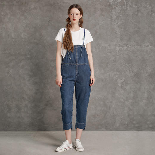 Famecoco范可儿高腰牛仔背带裤纯棉可调节肩带减龄九分牛仔裤F185GA129 商品图0