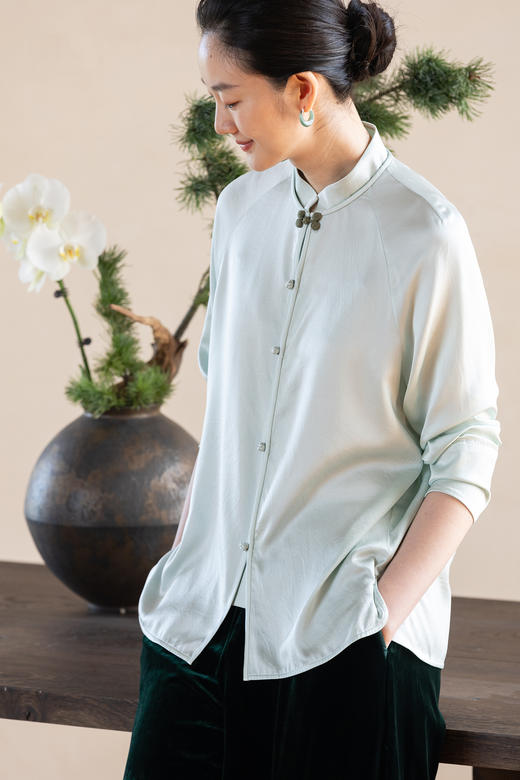 牧衣游原创 22姆米重磅净色真丝衬衫新款垂顺极简中式风衬衣 芸树 商品图5