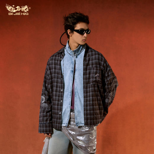 敦煌联名BJHG不计后果衬衫男款加厚新款冬季贴布复古刺绣格子衫女 商品图1