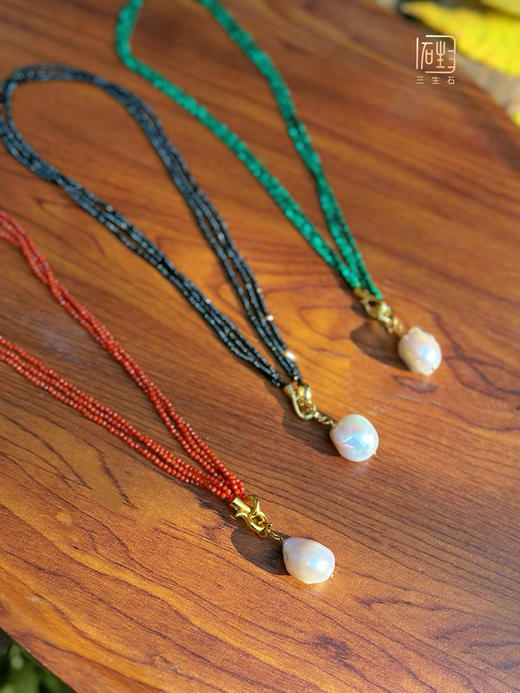 天然巴洛克珍珠 彩宝多用设计项链(南红/孔雀石/黑尖晶) 商品图5