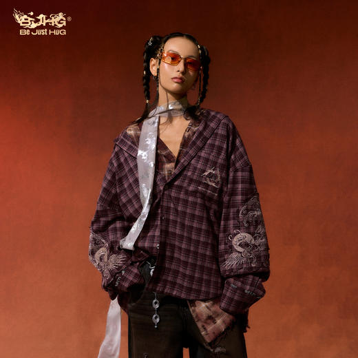 敦煌联名BJHG不计后果衬衫男款加厚新款冬季贴布复古刺绣格子衫女 商品图0