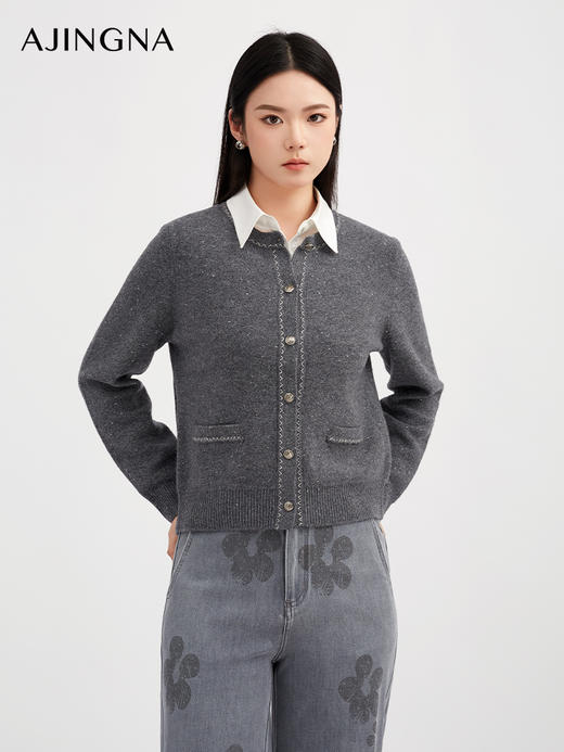 【商场同款】阿菁娜冬季新款6A级羊毛开衫金豆纱线之字提花圆领单排扣通勤日常百搭A30D318012 商品图4