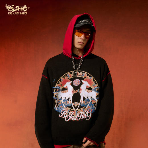 敦煌联名BJHG不计后果提花毛衣男冬季新款保暖圆领宽松印花上衣女 商品图1