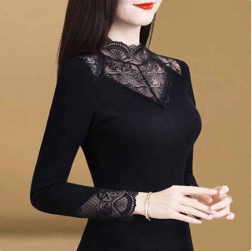 KQL A51N7320高领蕾丝打底衫洋气加绒加厚网纱上衣 商品图2