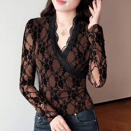 KQL 311H9192花边V领长袖T恤植绒性感小衫纯色上衣 商品图3