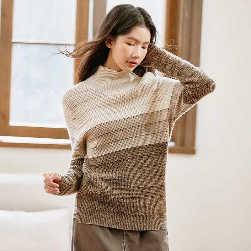 Famecoco范可儿羊毛高领毛衣女士秋季长袖条纹宽松休闲套头针织衫F225DC003