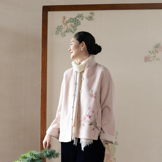 牧衣游原创 绵羊毛混纺手绣毛呢外套东方新中式双面呢开衫 书简 商品图0