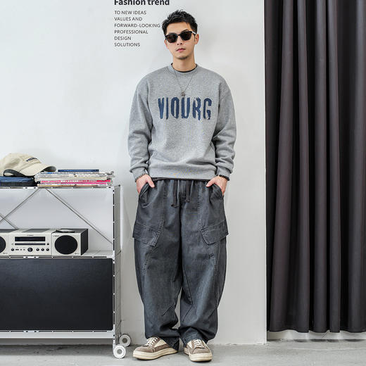 徐太浪【街头风 做旧印花】加绒字母卫衣男秋冬款休闲打底衫上衣 商品图3