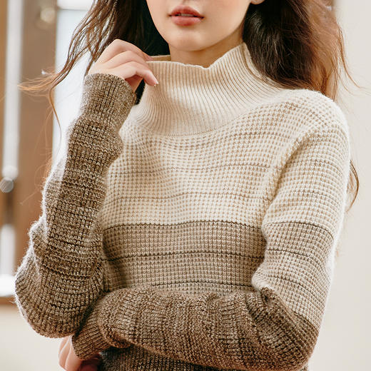 Famecoco范可儿羊毛高领毛衣女士秋季长袖条纹宽松休闲套头针织衫F225DC003 商品图4