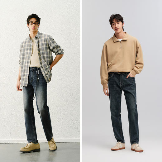 森马牛仔裤男士春装竹节肌理合体直筒裤子轻复古打磨做旧水洗长裤 商品图4