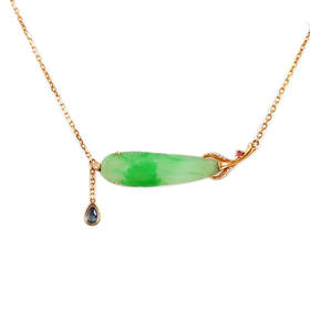 【天然正品】A货翡翠AU750玫瑰金镶钻镶天然糯冰种阳绿羽毛造型翡翠配月光石吊坠项链吊坠：42.7*8.8*2.8MM / 项链：42CM（长度可调节）女士 021225NJM16