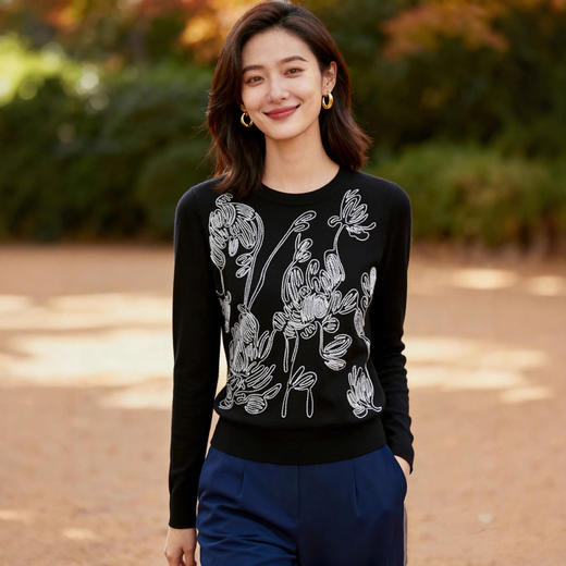 「高货rp」全新升级【铂金会员266/天猫359/差价93】(94833)洛诗琳复古线条花卉羊毛衫2025秋冬圆领慵懒风针织上衣女 商品图2