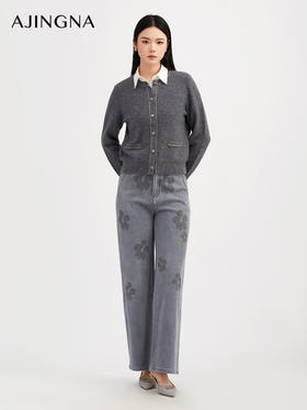 【商场同款】阿菁娜冬季新款6A级羊毛开衫金豆纱线之字提花圆领单排扣通勤日常百搭A30D318012