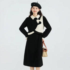 奢姿大码女装2025冬季时尚拼撞色翻领针织套装胖妹妹显瘦两件套9954954042