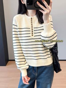 法式高知花边亨利领套头针织衫小灯笼袖羊毛针织毛衣