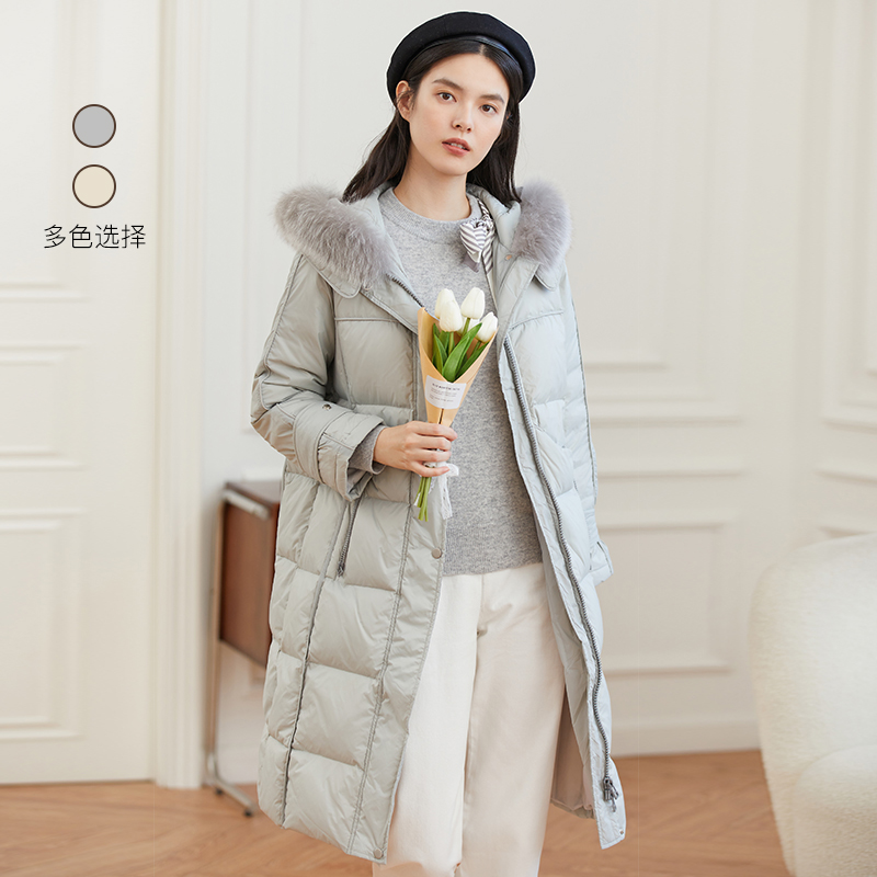 Famecoco范可儿90白鸭绒羽绒服女士冬季中长款过膝外套D218AD301