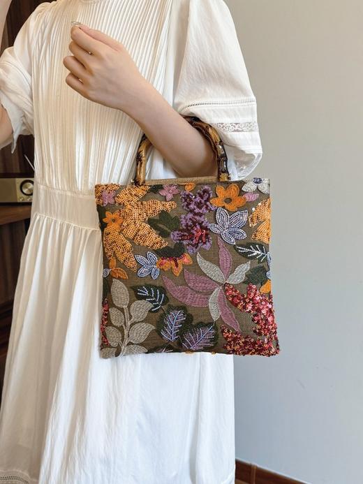 【刺绣复古竹节包】新款竹节手提包 高奢彩色亮片复古女士手拎包 重工刺绣潮晚宴包 商品图2