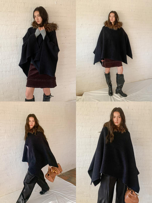素舶 绵羊毛撞色环保皮草毛领防风保暖连帽斗篷外套毛呢大衣 商品图1