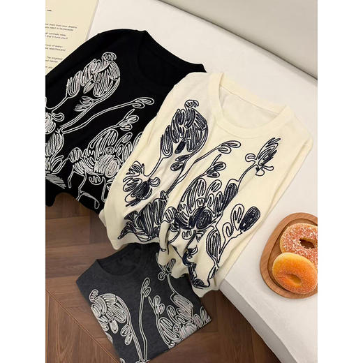 「高货rp」全新升级【铂金会员266/天猫359/差价93】(94833)洛诗琳复古线条花卉羊毛衫2025秋冬圆领慵懒风针织上衣女 商品图3