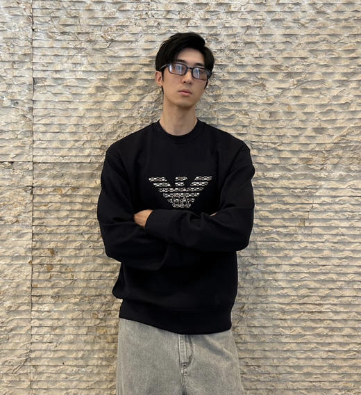 原单正品阿玛尼男士刺绣鹰标圆领卫衣120602 商品图3