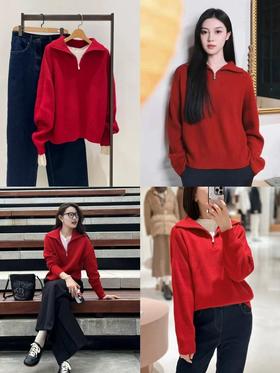 二店y 【JS3699138】圣诞新年战衣~小禾家 ，半拉链翻领加厚羊毛针织衫套头毛衣