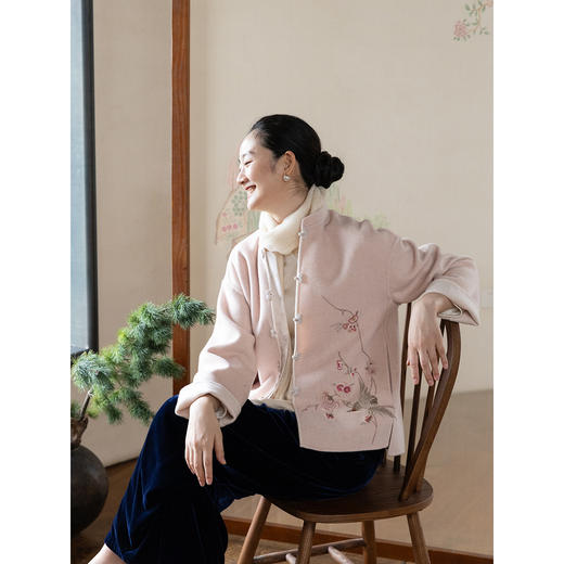 牧衣游原创 绵羊毛混纺手绣毛呢外套东方新中式双面呢开衫 书简 商品图2