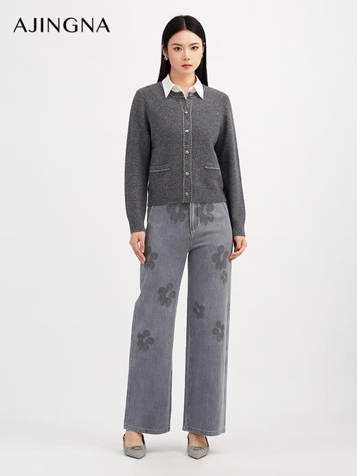 【商场同款】阿菁娜冬季新款6A级羊毛开衫金豆纱线之字提花圆领单排扣通勤日常百搭A30D318012 商品图2