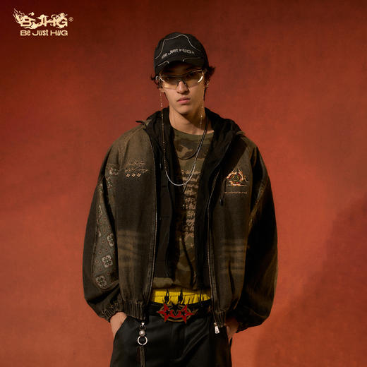 敦煌联名BJHG不计后果牛仔外套男冬季潮牌美式复古水洗印花夹克女 商品图2