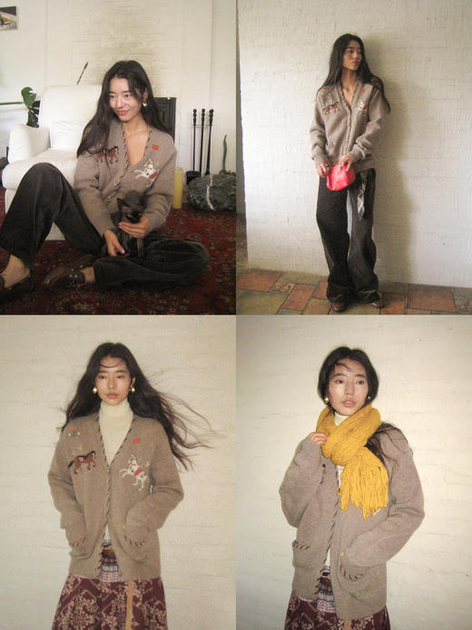 素舶 澳洲美利奴羊毛手工绣花氛围感小马V领提花针织开衫 商品图2