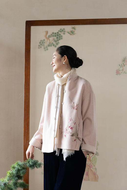 牧衣游原创 绵羊毛混纺手绣毛呢外套东方新中式双面呢开衫 书简 商品图5