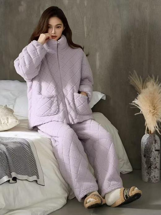 超暖珊瑚绒【套装】冬季内里加绒两件套菱形格套装中厚睡衣-喜出 商品图2