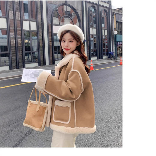 秋冬新款羊羔毛绒加厚保暖外套百搭小个子 皮毛一体立领上衣 商品图3