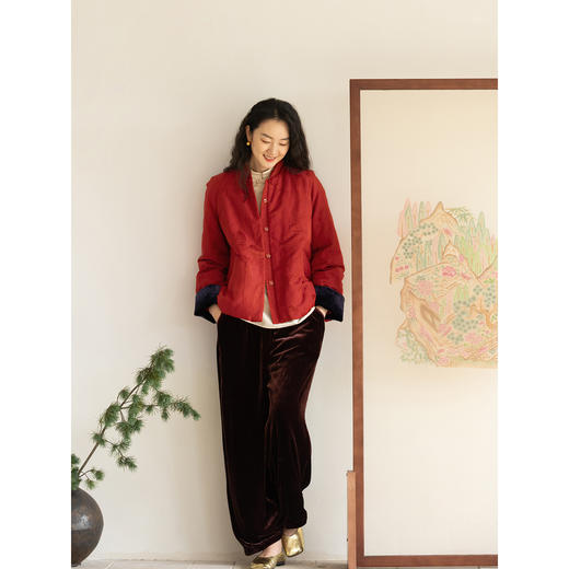 牧衣游原创 真丝混纺提花高蓬松红嘴雁绒羽绒服红色中式 松间照 商品图3