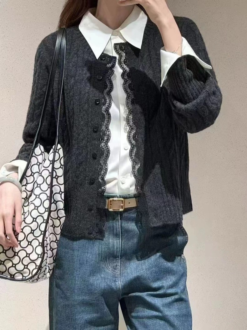 二店y 【M9161 】小禾 25款~精致蕾丝花边拼接羊毛针织开衫外套