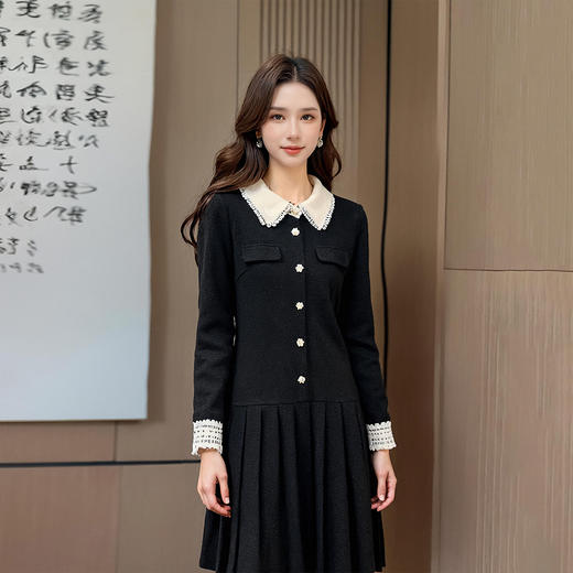 奢姿大码女装2025冬季撞色翻领袖口花边设计感气质连衣裙百褶裙9954870510 商品图4