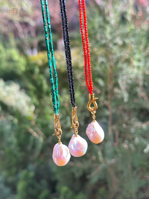 天然巴洛克珍珠 彩宝多用设计项链(南红/孔雀石/黑尖晶) 商品图4