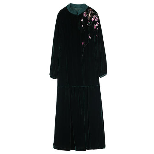 牧衣游原创 丝绒手工刺绣连衣裙女新款宽松绿色东方气质长裙 洛泱 商品图4