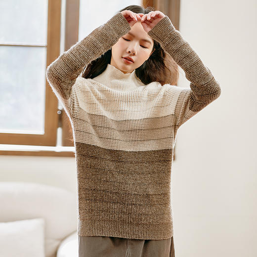 Famecoco范可儿羊毛高领毛衣女士秋季长袖条纹宽松休闲套头针织衫F225DC003 商品图1