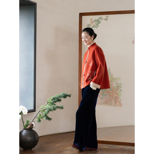 牧衣游原创 手工刺绣进口双面呢外套喜庆红色复古新中式开衫 欢梦 商品图2