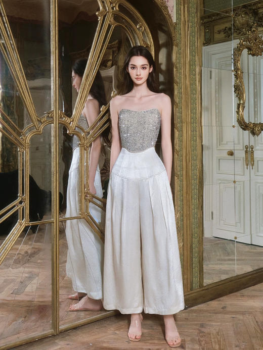 米杏色高腰醋酸鱼骨长裤 商品图0