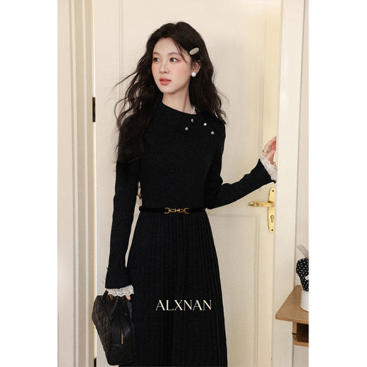 鹿向南「巴黎之夜」气质黑色长袖连衣裙女秋冬新款内搭针织长裙子 商品图0